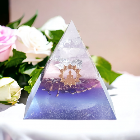 Orgonite pyramide quartz rose violette bouddha